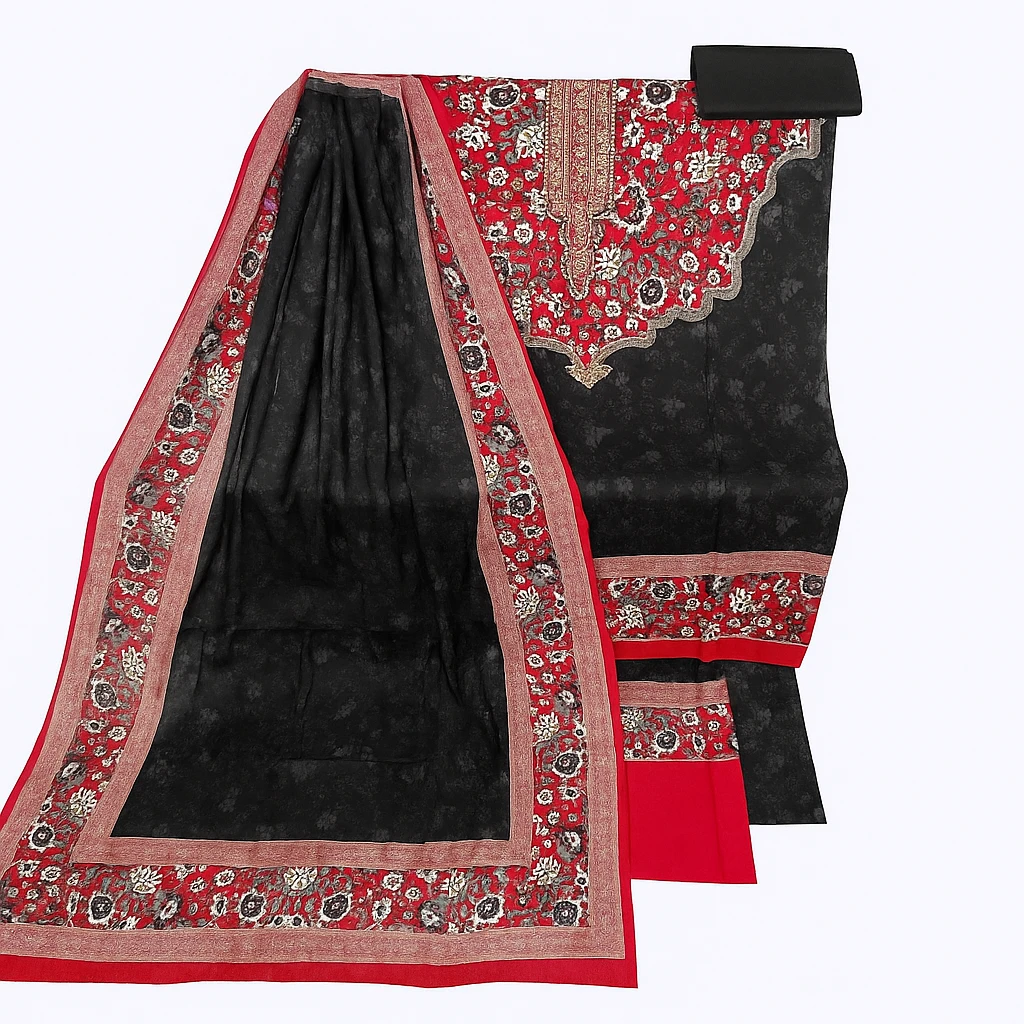Black & Red Floral Embroidered Unstitched Lawn 3-Piece Suit