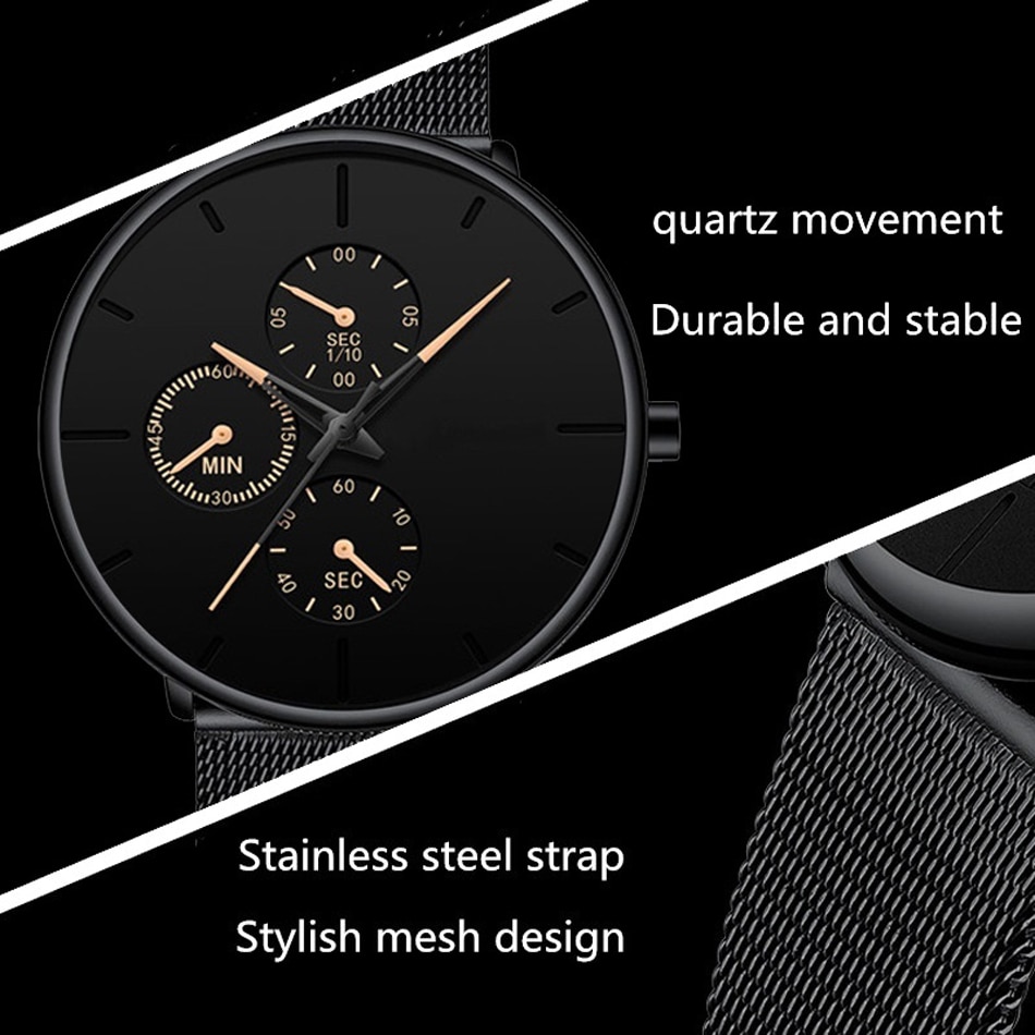 Mens Business Black Watches Luxury Stainless Steel Ultra Thin Mesh Belt Quartz Men Leather Wrist Watch Casual Classic Male Watch