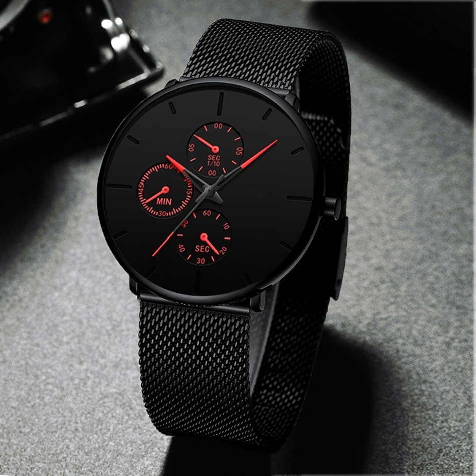 Mens Business Black Watches Luxury Stainless Steel Ultra Thin Mesh Belt Quartz Men Leather Wrist Watch Casual Classic Male Watch