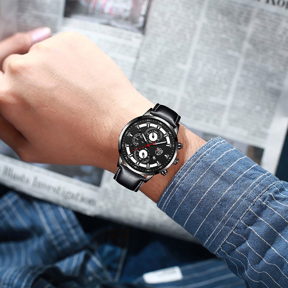 Fashion Mens Watches Luxury Men Business Quartz Wristwatch Calendar Luminous Clock Male Casual Sports Leather Bracelet Watch