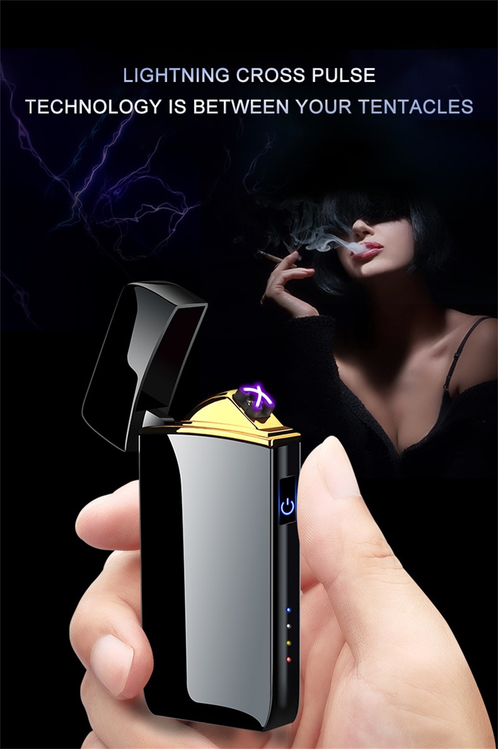 Windproof Metal Flameless Electric Lighter Dual Arc Plasma USB Lighter LED Power Display Touch Induction Lighter