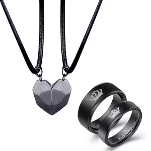 POU Black Stainless Steel Couple Jewellery Set - Necklace and Ring Sets