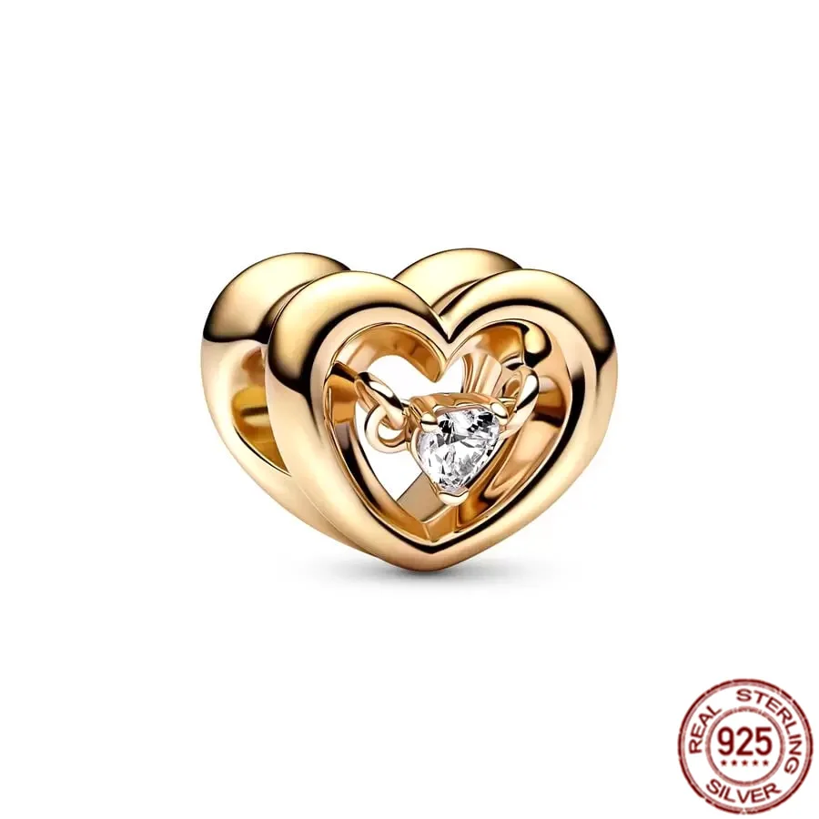 NEW Gold Plated Pavé 925 Sterling Silver Entwined Infinite Hearts Double Dangle Charm Bead Fit Original Pandora Bracelet Jewelry