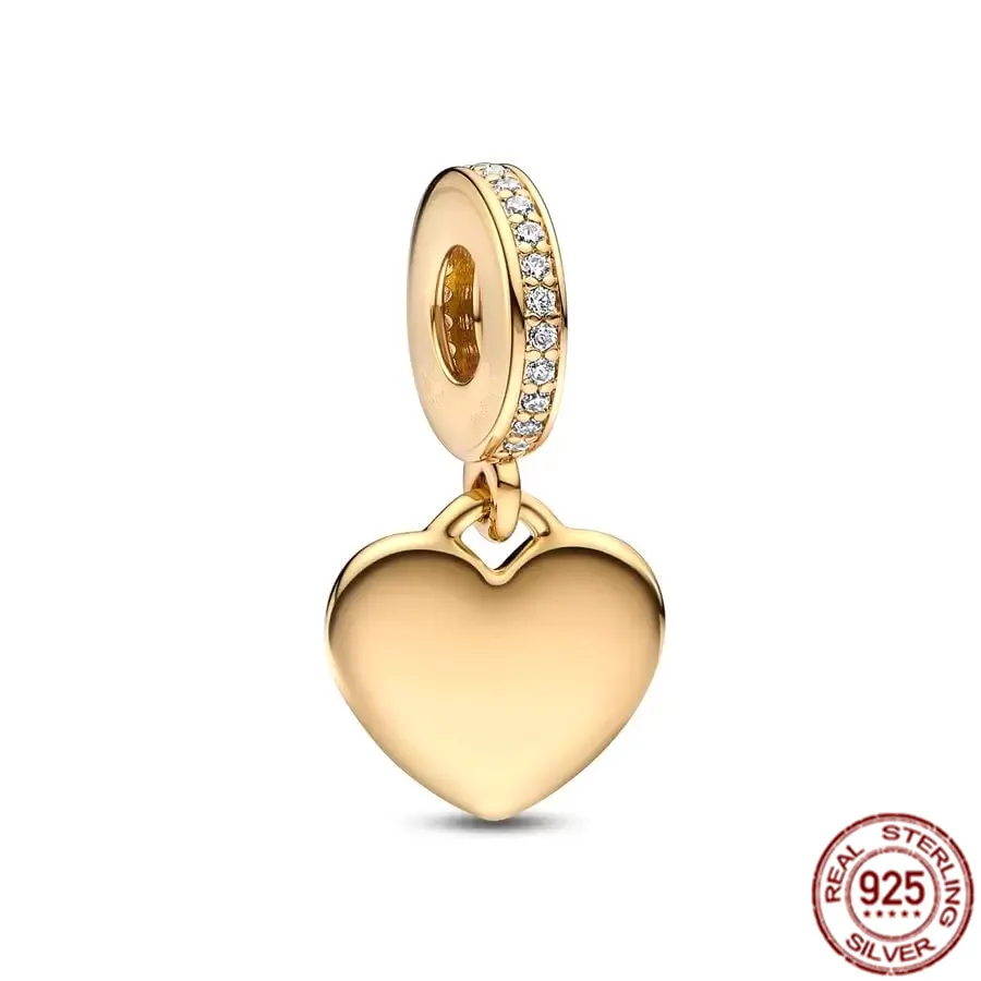 NEW Gold Plated Pavé 925 Sterling Silver Entwined Infinite Hearts Double Dangle Charm Bead Fit Original Pandora Bracelet Jewelry
